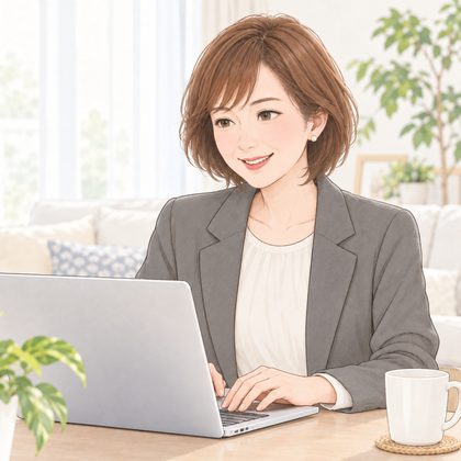 ノートパソコンで作業する益田千穂