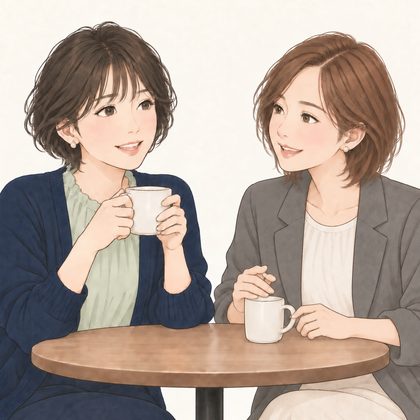 カフェで向かい合って話す二人の女性