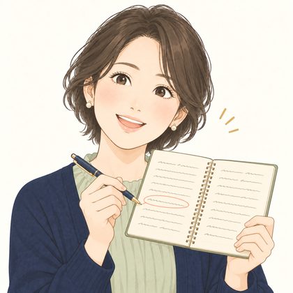 ノートの言葉に丸をつけて見せる女性