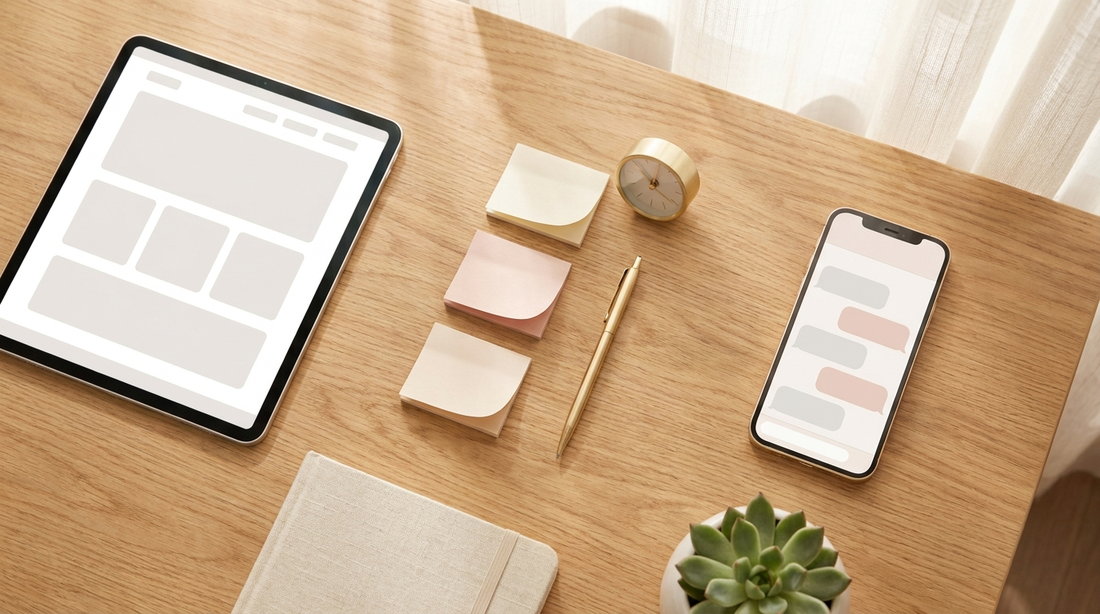 木のデスクを俯瞰したイメージ写真。左にページのレイアウトを表示したタブレット、右にトークの吹き出しが並ぶスマートフォンが置かれ、その間に3枚の付箋が順番に重なるように縦に並び、金の置き時計とペン、リネンのノートが添えられている