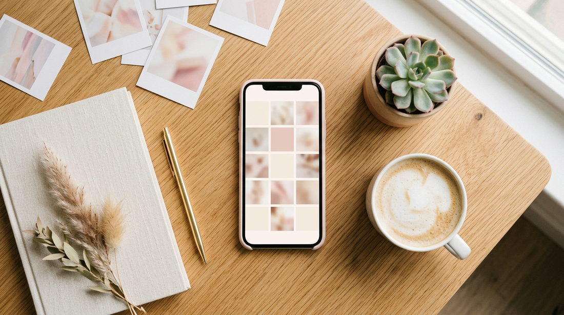 木のデスクを俯瞰したイメージ写真。写真がタイル状に並んだスマートフォンが中央にあり、その左上に正方形のプリント写真が重ねて置かれ、パンパスグラス、金のペン、ラテ、リネンのノート、多肉植物が添えられている